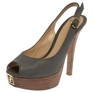 Pre Owned Fendi Grey Nubuck Leather Fendista Slingback Platform Pumps Size 37