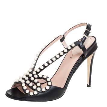 Pre Owned Fendi Black Leather Faux Pearl Embellished Slingback Sandals Size 39