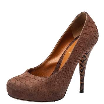 Pre Owned Fendi Brown Python Embossed Leather Superstar Platform Pumps Size 36.5