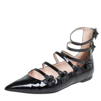 Pre Owned Fendi Black Patent Leather Flowerland Multistrap Flats Size 39.5