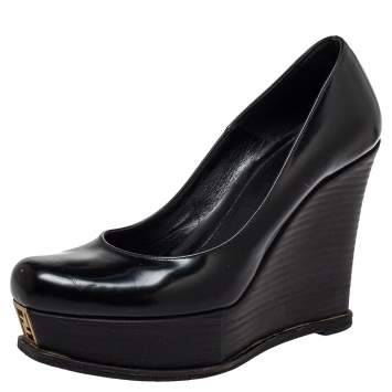 Pre Owned Fendi Black Leather Fendista Platform Wedge Pumps Size 38