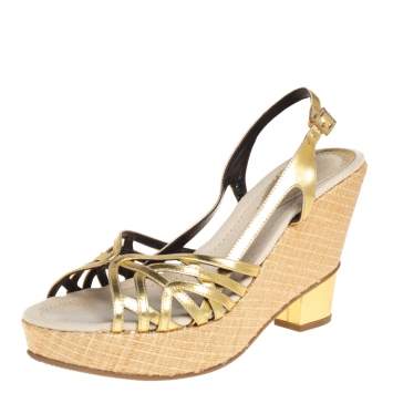 Pre Owned Fendi Gold Patent Leather Wedge Ankle Strap Sandals Size 39