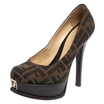 Pre Owned Fendi Tobacco Zucca Canvas Fendista Platform Pumps Size 38