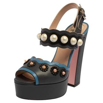 Pre Owned Fendi Grey/Blue Leather Pearl Studded Platform Ankle Strap Sandals Size 36