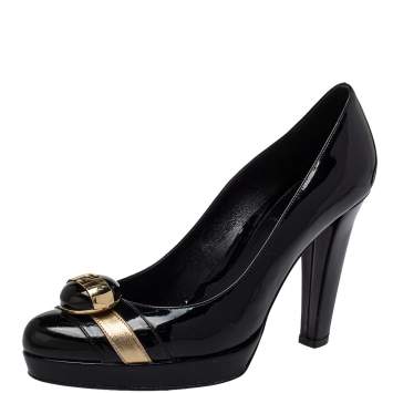 Pre Owned Fendi Black/Gold Patent Leather FF Logo  Platform Pumps Size 37