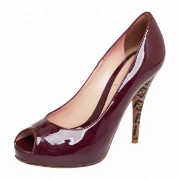Pre Owned Fendi Burgundy Patent Leather Zucca Print Heel Peep Toe Platform Pumps Size 36