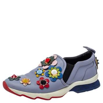 Pre Owned Fendi Blue Leather Flowerland Slip On Sneakers Size 40