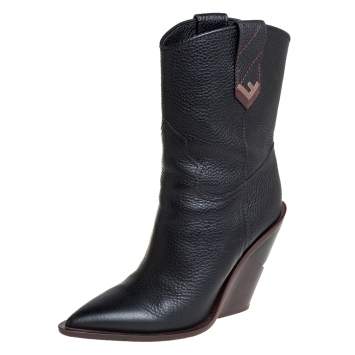 مملوكة مسبقًا Fendi Black Leather Pointed Toe Mid Calf Wedge Cowboy Boots Size 40