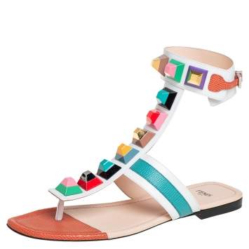 Pre Owned Fendi Multicolor Leather Studded Ankle Cuff Flat Sandals Size 39