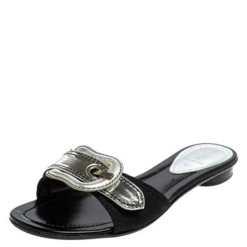 Pre Owned Fendi Silver Canvas And Patent Leather B Buckle Slide Sandals Size 38