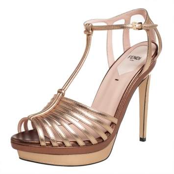 Pre Owned Fendi Metallic Gold Leather  T- Strap Platform Sandals Size 39
