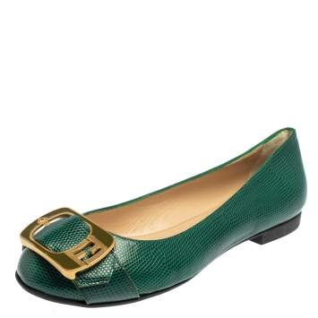 Pre Owned Fendi Green Lizard Embossed Leather Buckle Detail Ballet Flats Size 39