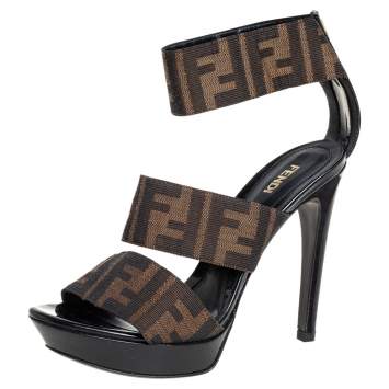 Pre Owned Fendi Brown Zucca Canvas Platform Ankle Cuff Sandals Size 36.5