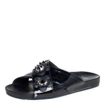 Pre Owned Fendi Black Patent Leather Flowerland Stud Criss Cross Flat Sandals Size 38
