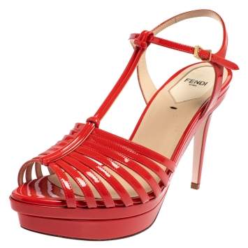 Pre Owned Fendi Red Patent Leather Favorite T-Strap Platform Sandals Size 39