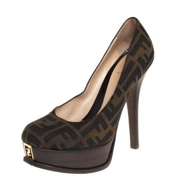 Pre Owned Fendi Tobacco Zucca Canvas Fendista Platform Pumps Size 39