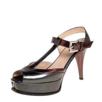 Pre Owned Fendi Green/Brown Patent Leather T Strap Fendista Sandals Size 40