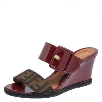 Pre Owned Fendi Burgundy Patent Leather And Zucca Canvas Demi Wedge Sandals Size 38