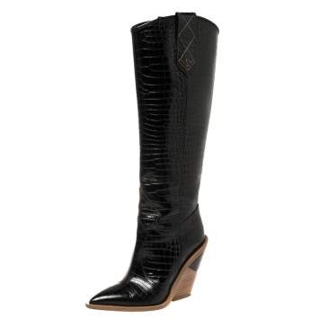 مملوكة مسبقًا Fendi Black Croc Embossed Leather Cowboy Boots Size 35