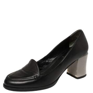 Pre Owned Fendi Black/Grey Perforated Leather Loafer Pumps Size 38