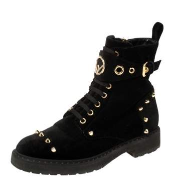 مملوكة مسبقًا Fendi Black Studded Velvet F Logo Ankle Boots Size 36