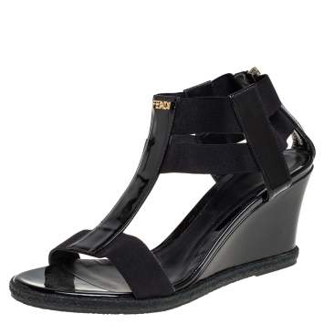 Pre Owned Fendi Black Elastic And Patent Leather Espadrille Wedge T-Strap Sandals Size 38.5
