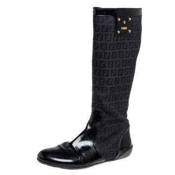 Pre Owned Fendi Black Zucchino Canvas And Patent Leather Knee High Boots Size 38.5