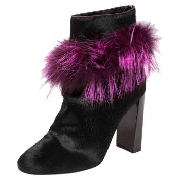 مملوكة مسبقًا Fendi Pink/Black Pony Hair and Fur Trimmed Ankle Boots Size 38