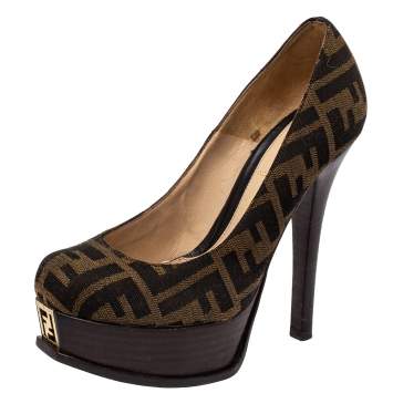 Pre Owned Fendi Brown Canvas Fendista Platform Pumps Size 36