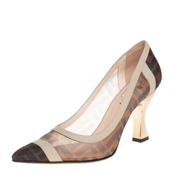 Pre Owned Fendi Brown/Black Zucca Mesh And Leather Colibri Pointed Toe Pumps Size 38.5