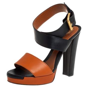 Pre Owned Fendi Brown/Black Leather Platform Ankle Wrap Sandals Size 37