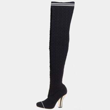 Pre Owned Fendi Black Knit Fabric Over the Knee Boots Size 39