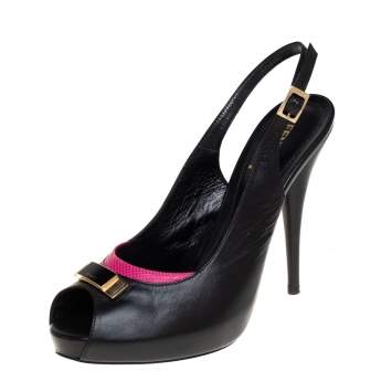Pre Owned Fendi Black Leather Bow Peep Toe Slingback Platform Sandals Size 41