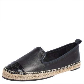 Pre Owned Fendi Navy Blue Leather And Black Croc Embossed Cap Toe Junia Espadrilles Flats Size 40