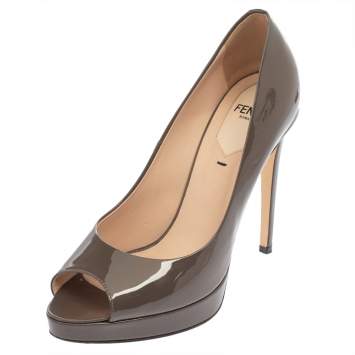 Pre Owned Fendi Grey Patent Leather Peep Toe Platform Pumps Size 36