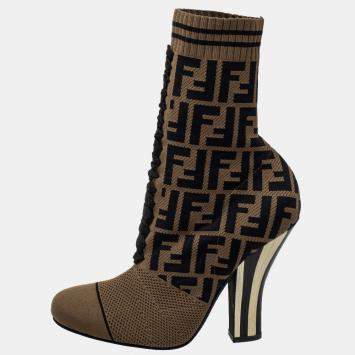 مملوكة مسبقًا Fendi Brown Knit Fabric FF Logo Ankle Boots Size 39