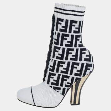 Pre Owned Fendi White/Black Knit Fabric FF Logo Ankle Boots Size 39