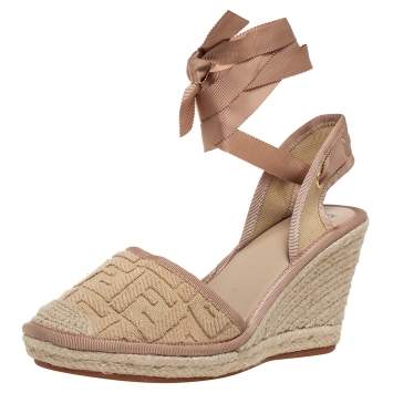 Pre Owned Fendi Beige Zucca Canvas Espadrille Ankle Wrap Wedge Sandals Size 41