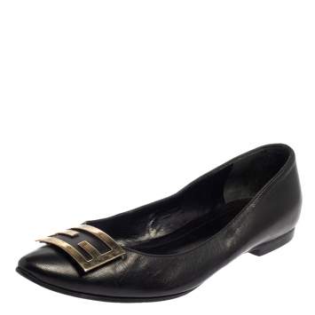 Pre Owned Fendi Black Leather Logo Ballet Flats Size 37