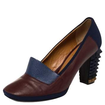Pre Owned Fendi Brown/Blue Lizard Embossed Leather and Fabric Polifonia Court Studded Heel Pumps Size 39