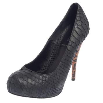 Pre Owned Fendi Black Python Embossed Leather Zucca Print Heel Pumps Size 37