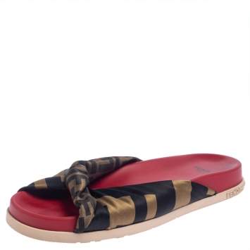 Pre Owned Fendi Tri Color FF Print Satin Knotted Slides Size 39