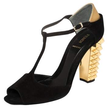 Pre Owned Fendi Black Suede Studded Heel T Strap Sandals Size 39