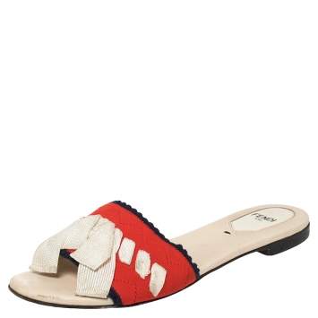 Pre Owned Fendi Multicolor Knit Fabric Bow Flat Slides Size 36