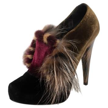 Pre Owned Fendi Multicolor Velvet Fur Platform Pumps Size 37