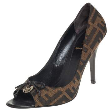 Pre Owned Fendi Brown Zucca Canvas Bow Peep Toe Pumps Size 39