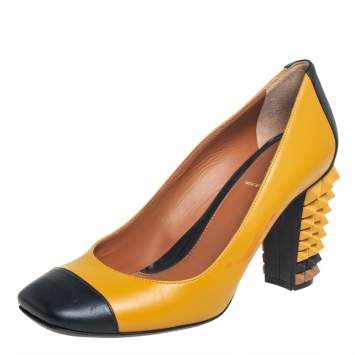 Pre Owned Fendi Yellow/Black Leather Cap Toe Block Heel Pumps Size 38.5