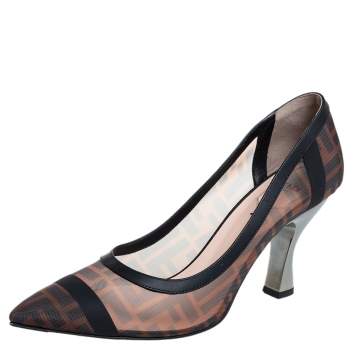 Pre Owned Fendi Black/Brown Leather And Zucca Mesh Colibri Pumps Size 41