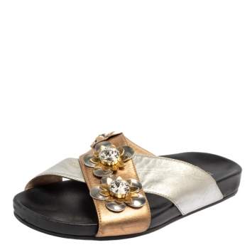 Pre Owned Fendi Silver/Gold Leather Flowerland Slides Size 37