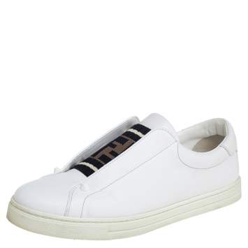 Pre Owned Fendi White Leather And Brown FF Knit Fabric Rockoclick Low Top Sneakers Size 38